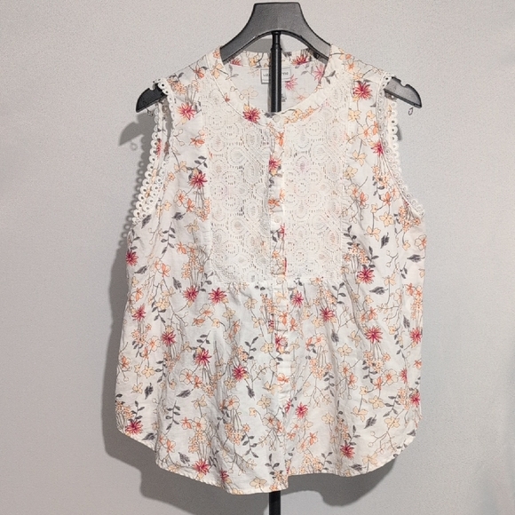 Liz Claiborne Boho Floral Lace Sleeveless Blouse - Pink & White - Size M - Picture 2 of 6